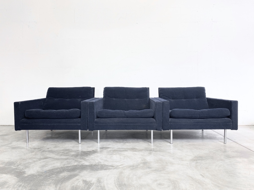 Mid-Century Modern Navy Velvet Club Chairs Set on Chrome Legs