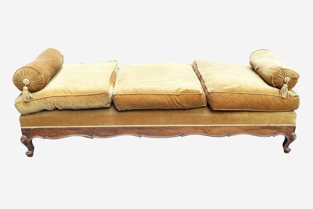 Antique Gold Velvet French Chaise with Tassel Bolsters