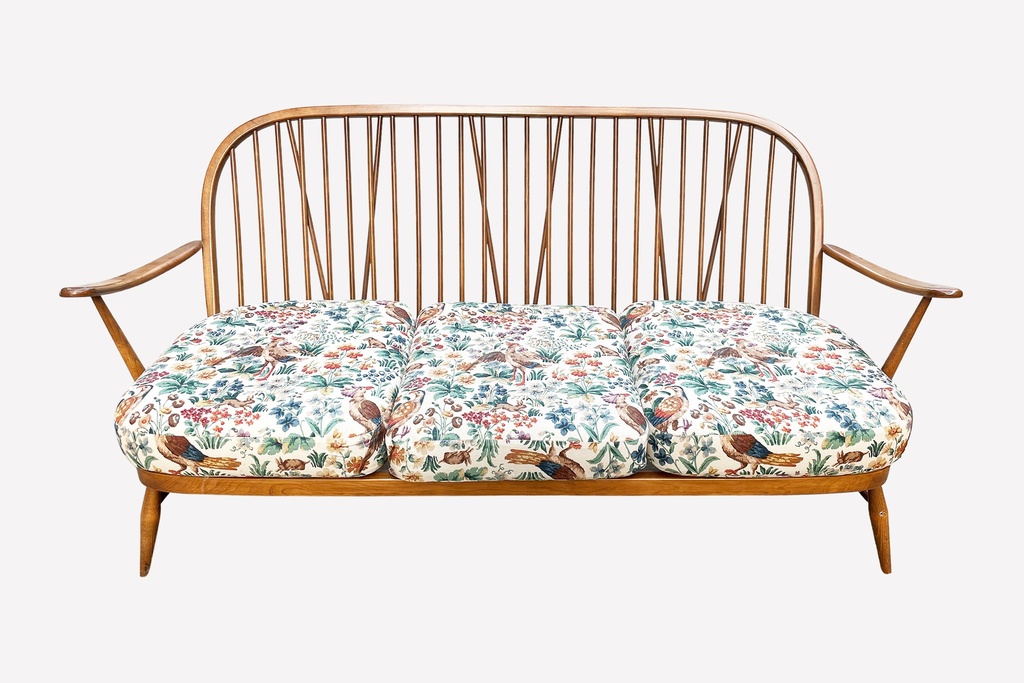 Vintage Wooden Spindle-Back Sofa with Botanical Bird Print Cushions