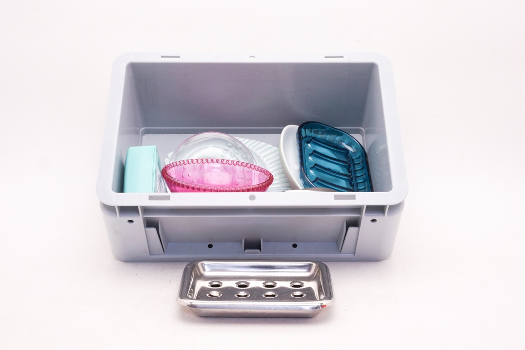 Assorted Soap Dishes in Storage Bin