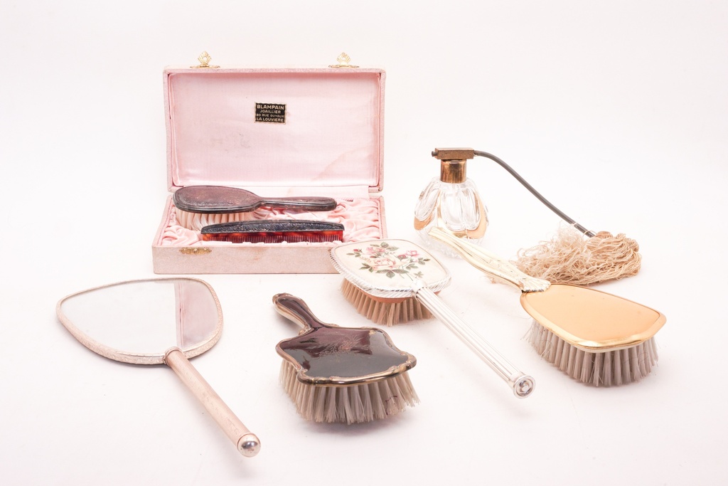 Vintage Vanity Grooming Set with Brushes, Comb, Hand Mirror, and Perfume Atomizer