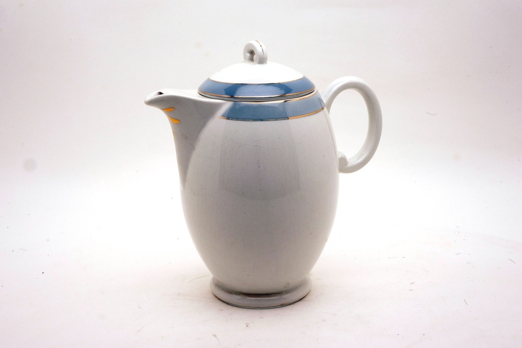 Vintage White Ceramic Teapot with Blue and Gold Trim