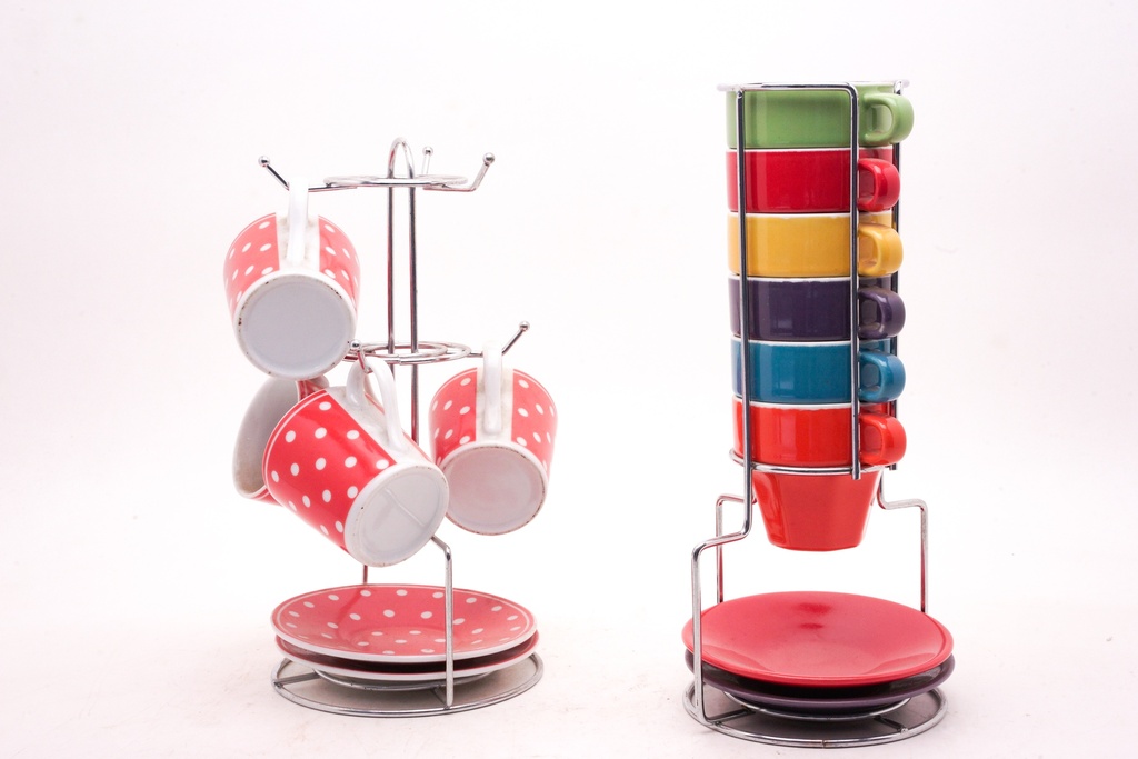 Polka Dot and Rainbow Stacking Mug Sets with Metal Stands