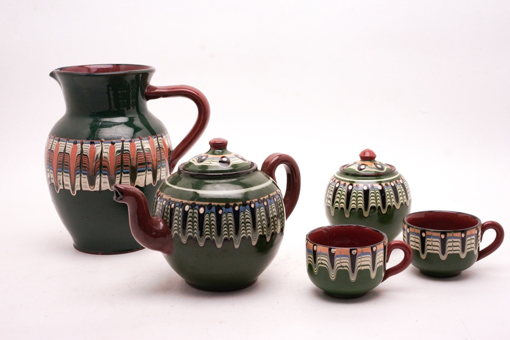 Rustic Green Ceramic Tea Set with Folk Art Patterns