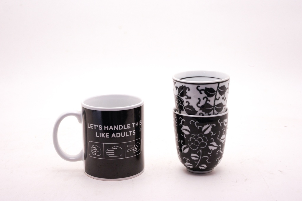 Black Humor Coffee Mug and Floral Stacked Tea Cups Set