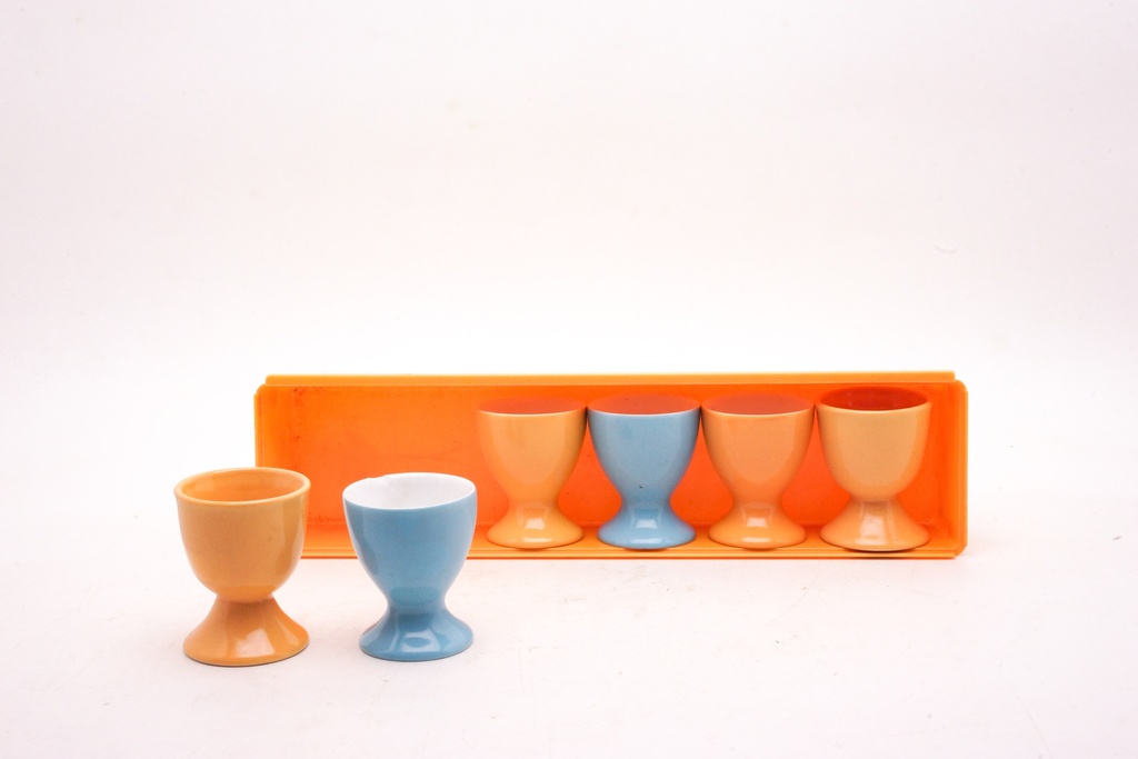 Mid-Century Modern Pastel Egg Cups with Orange Tray