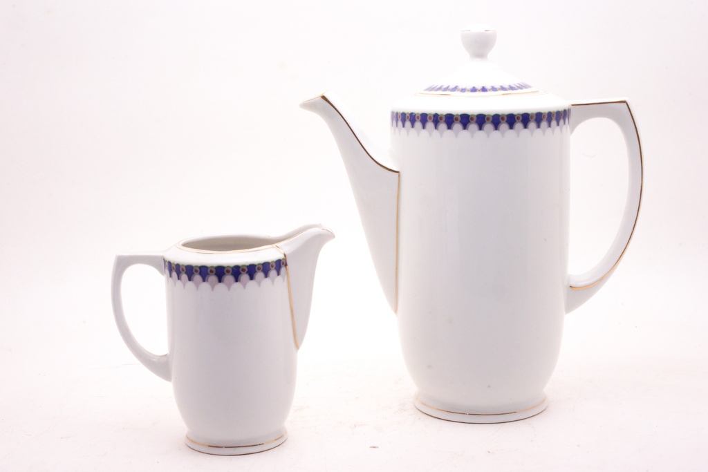 White Porcelain Coffee and Creamer Set with Blue Pattern Trim