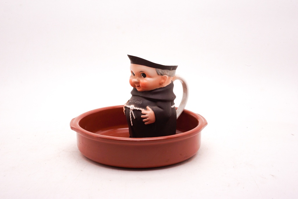 Monk Character Ceramic Pitcher in Clay Baking Dish