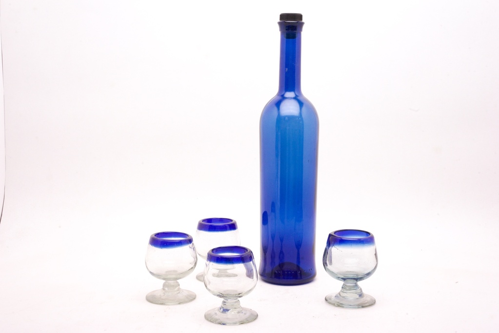 Cobalt Blue Bottle with Matching Rimmed Glasses Set