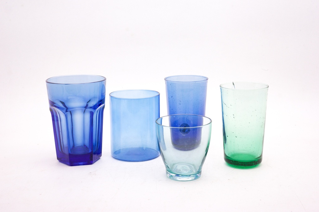 Assorted Blue and Green Glass Tumblers