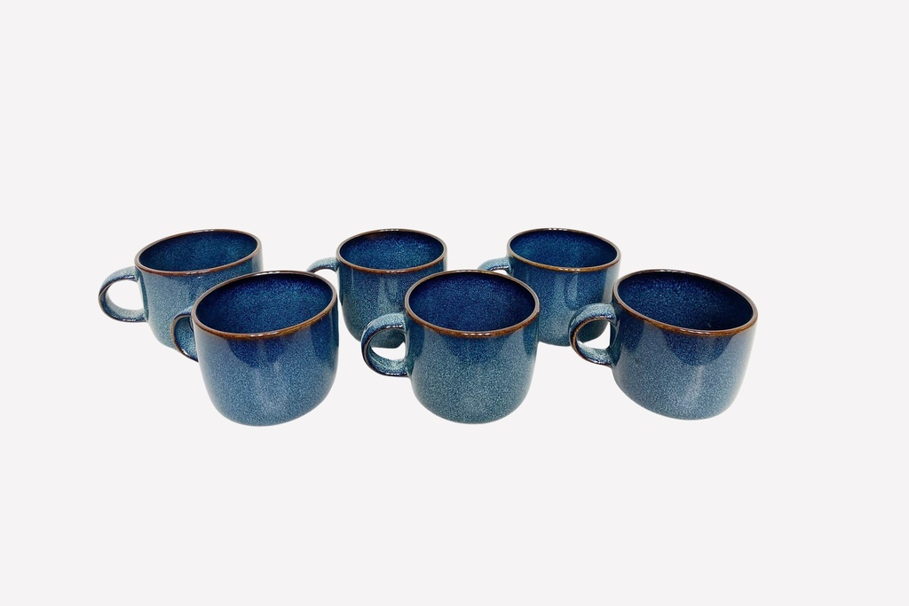 Set of Six Blue Stoneware Mugs