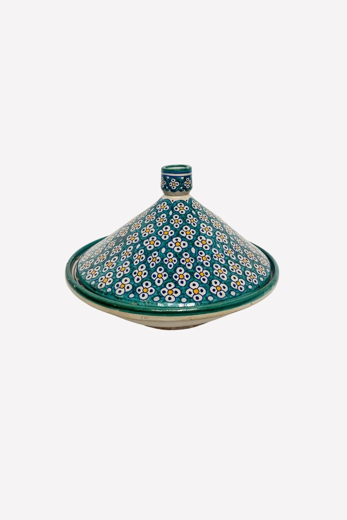 Hand-Painted Moroccan Tagine Lid in Teal and White Floral Pattern
