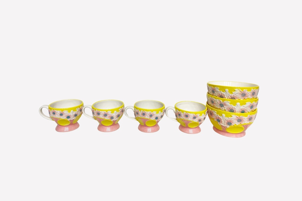 Vintage Floral Ceramic Tea and Bowl Set - Yellow and Pink Daisy Design
