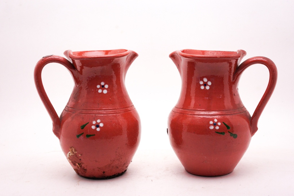Rustic Red Ceramic Pitcher Pair with Floral Accents