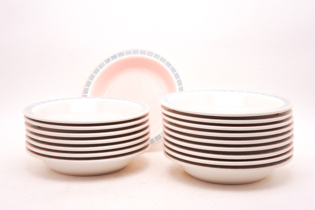 Stacked Ceramic Bowls with Blue and Pink Trim
