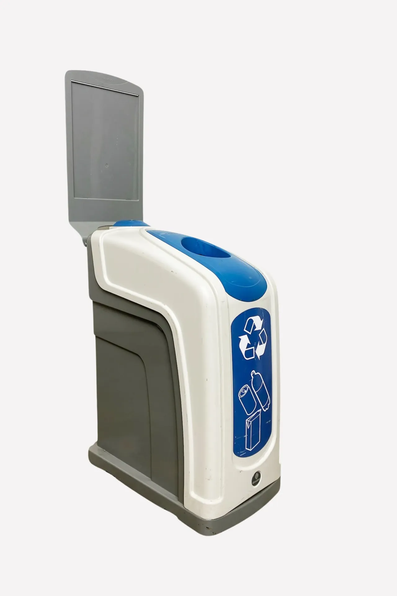 Standing Recycling Bin with Blue Lid and Sign Holder