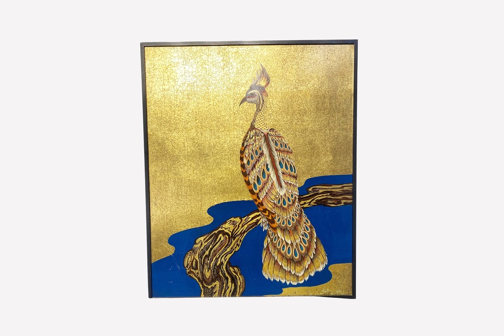 "Golden Majesty: Peacock on Azure Branch"