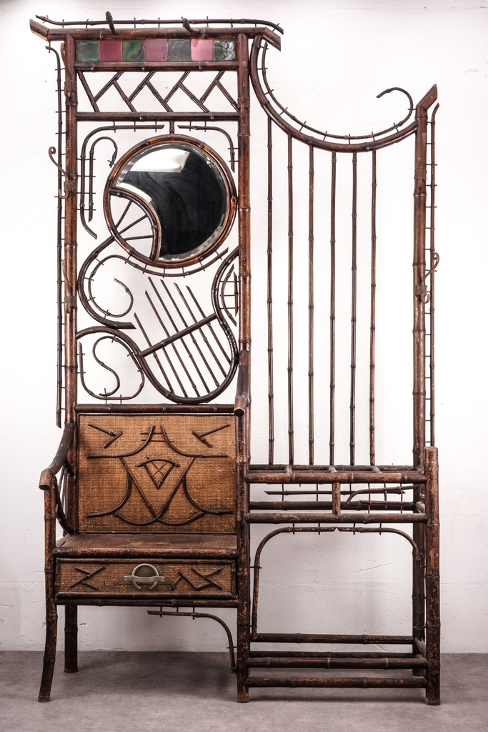 Victorian Bamboo Hall Tree with Mirror and Cane Detailing