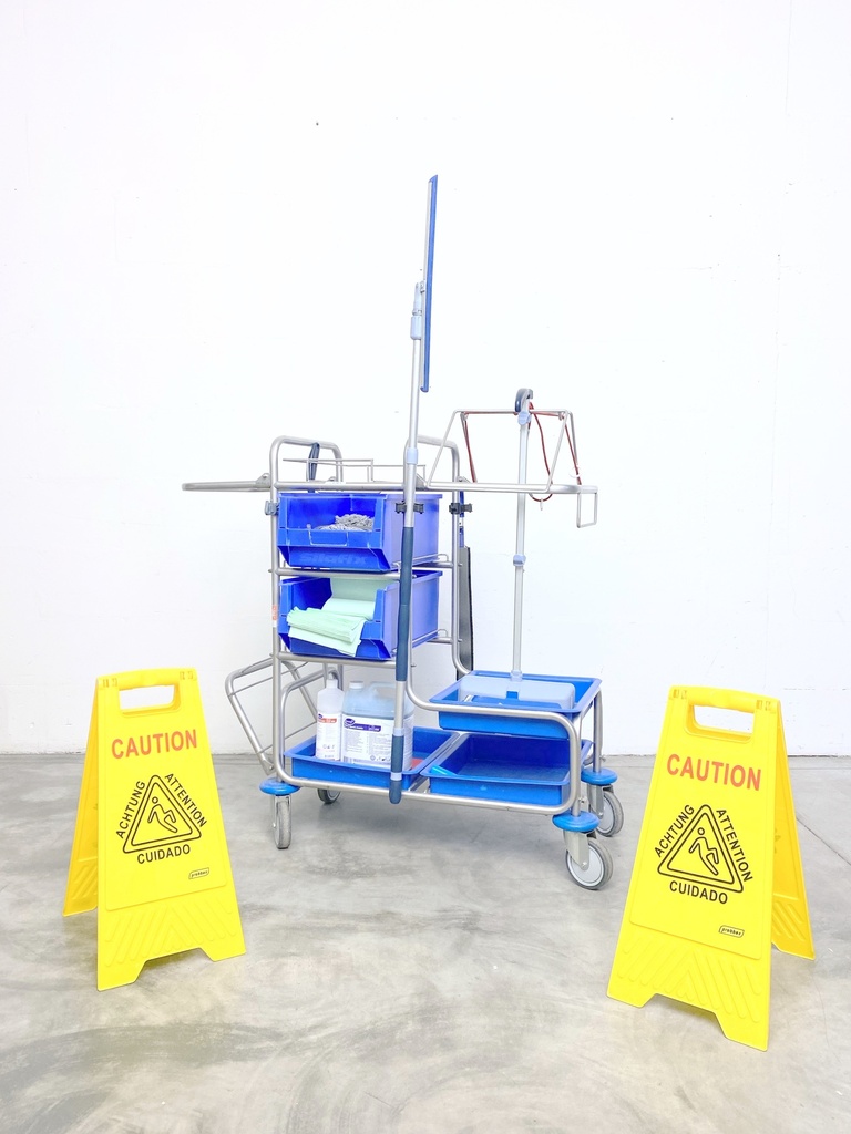 Janitorial Cleaning Cart with Caution Signs