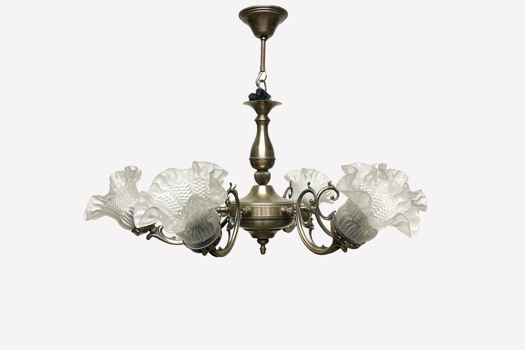 Victorian Brass Chandelier with Frosted Fluted Glass Shades