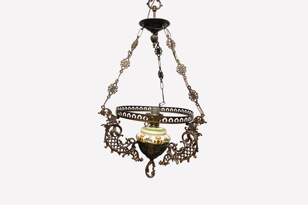 Victorian Hanging Oil Lamp with Ornate Metalwork and Floral Ceramic Detailing