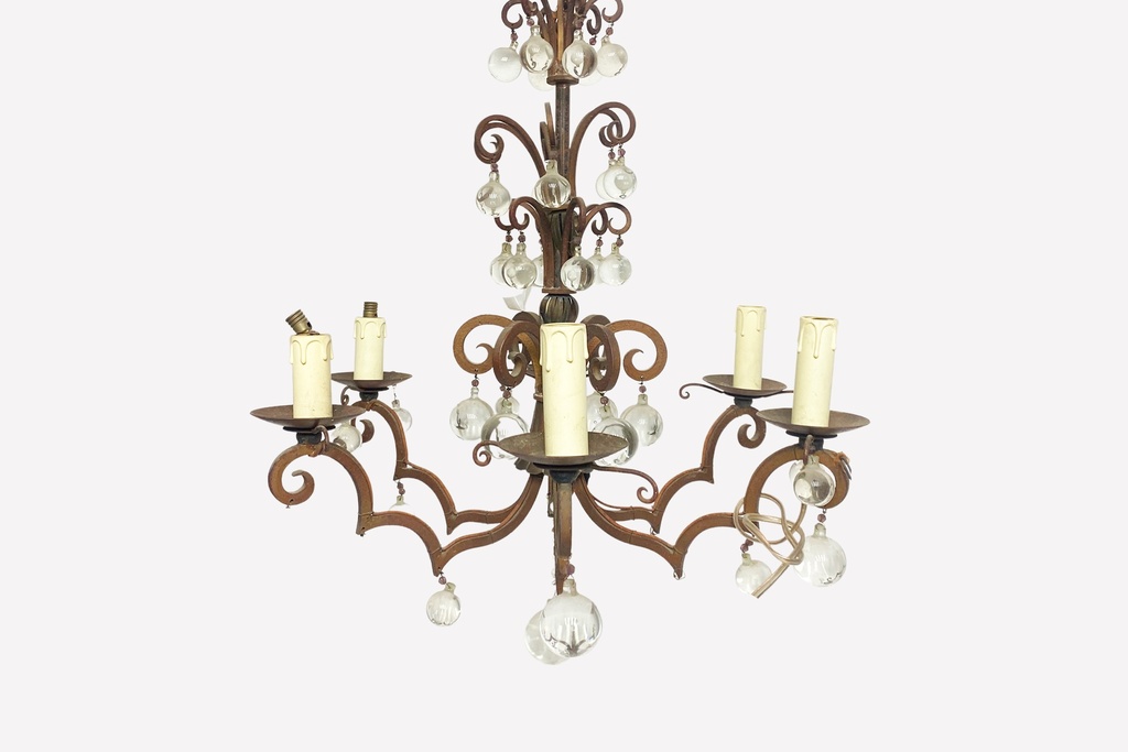 Antique Scrolled Iron Chandelier with Glass Orb Accents