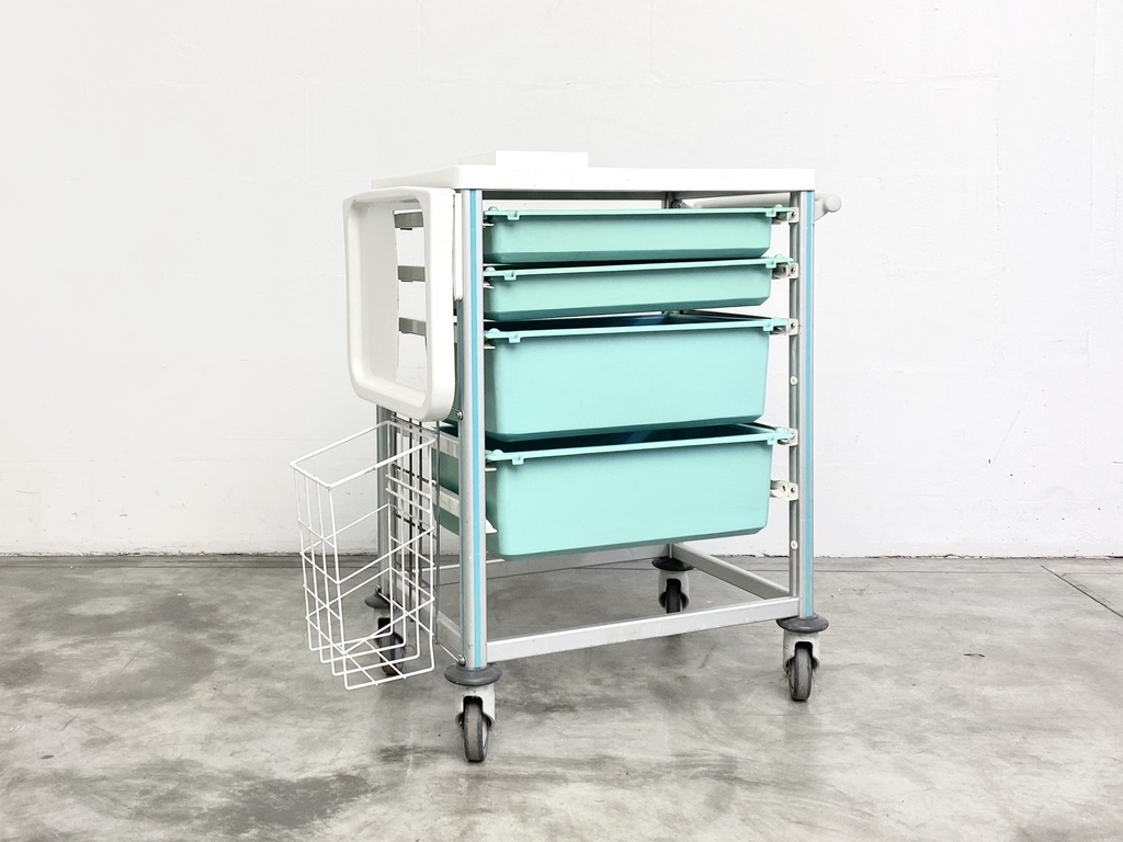 Aqua Steel Medical Supply Cart with Drawers and Wire Basket