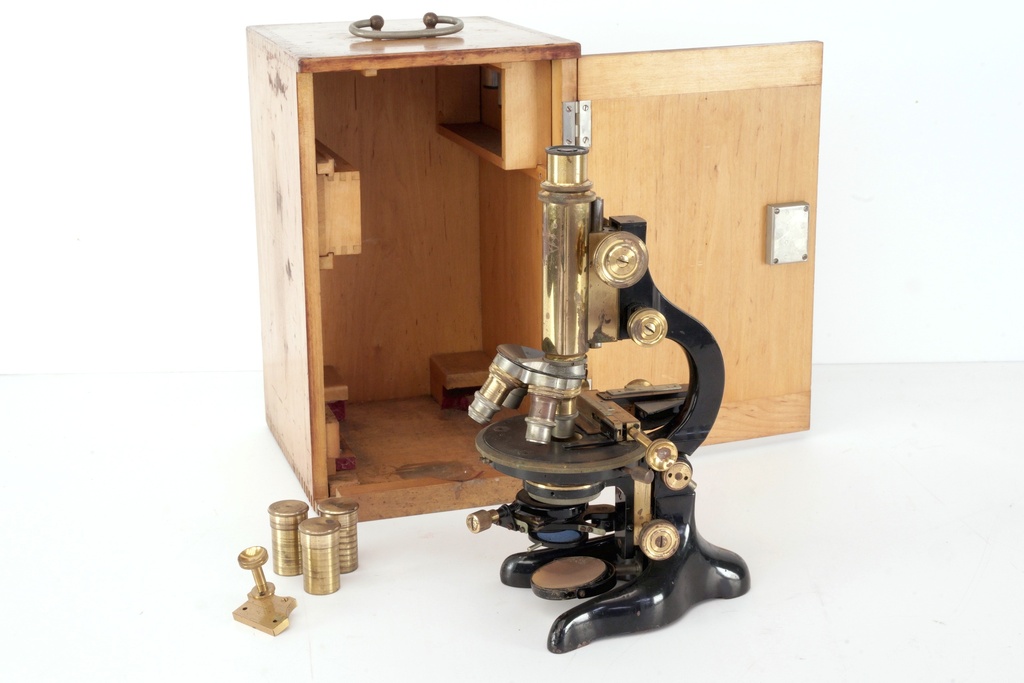 Antique Brass Microscope with Wooden Storage Case