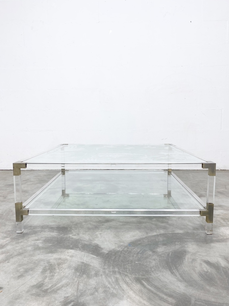 Lucite and Glass Coffee Table with Polished Brass Accents