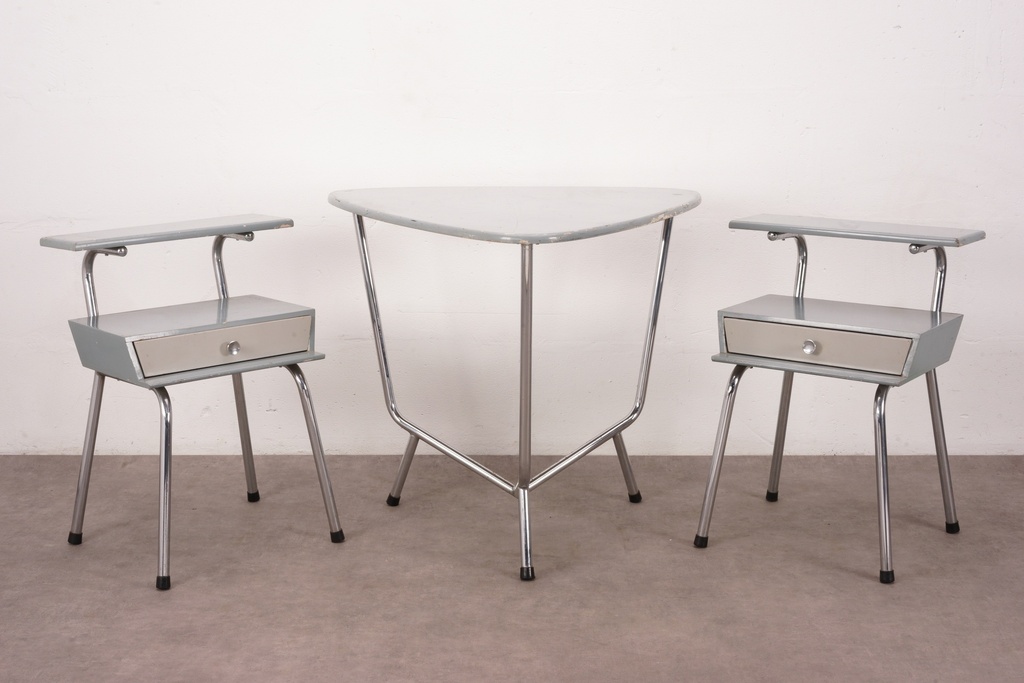 Mid-Century Modern Grey Bedside Tables with Matching Formica Triangle Table