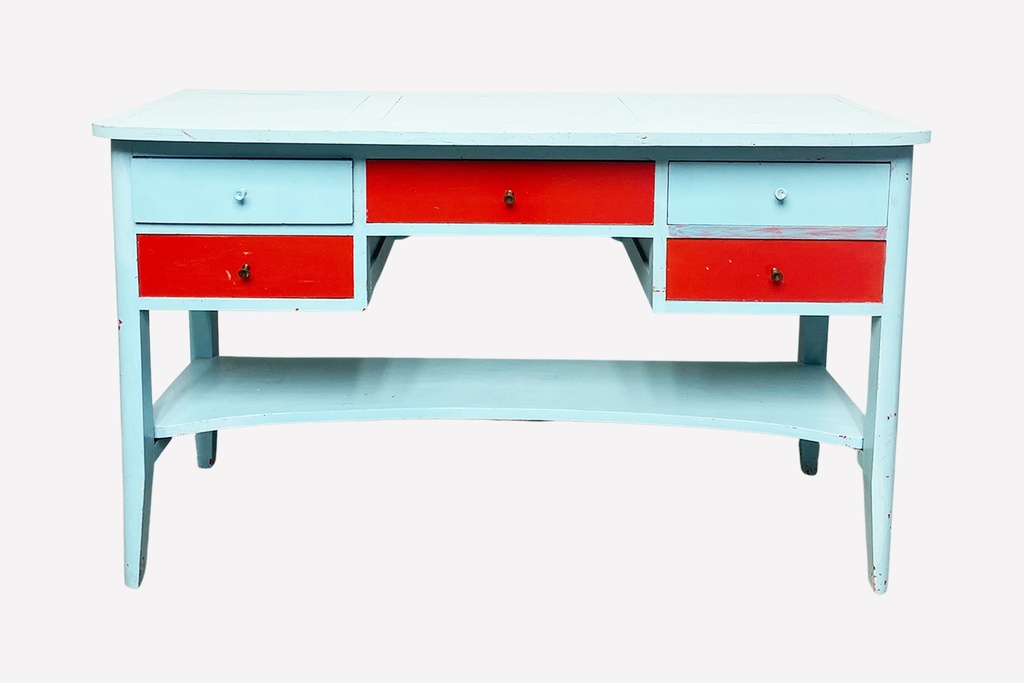 Retro Two-Tone Desk with Red Accent Drawers