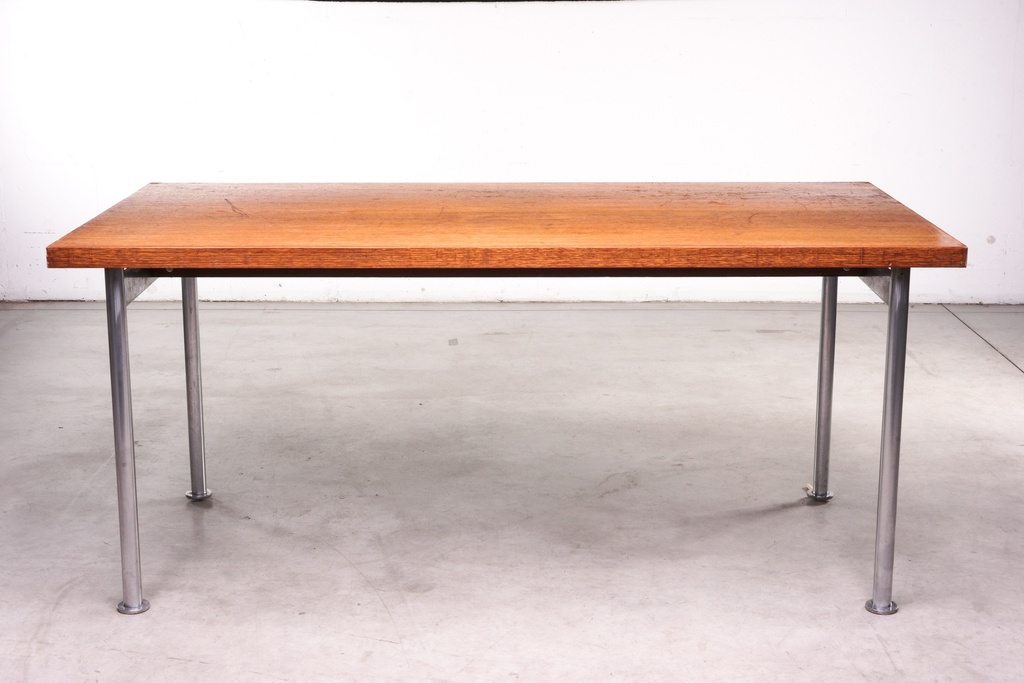 Mid-Century Modern Oak Work Table with Metal Legs